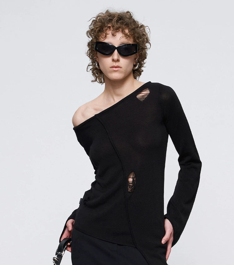ANNAKIKI irregular four-pointed star sleeve ripped pullover knit sweater-ETSUKO