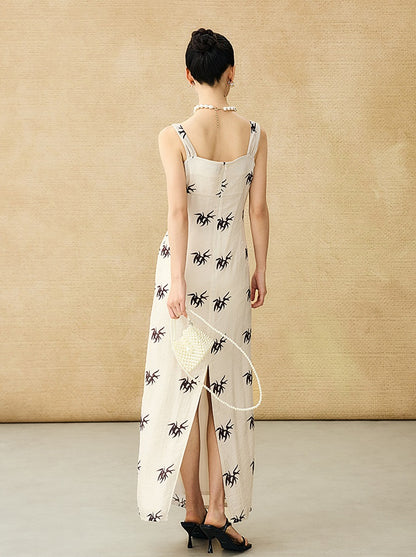 HECO Chinese irregular pleated camisole bamboo leaf print long dress- ROCK .