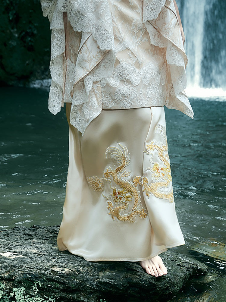 HECO Chinese Embroidery Golden Dragon Acetate Skirt - ALPHA.