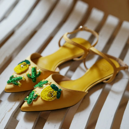 B-FEI Yellow Pointed Toe Embossed Flat Women's Sandals-VILIA.