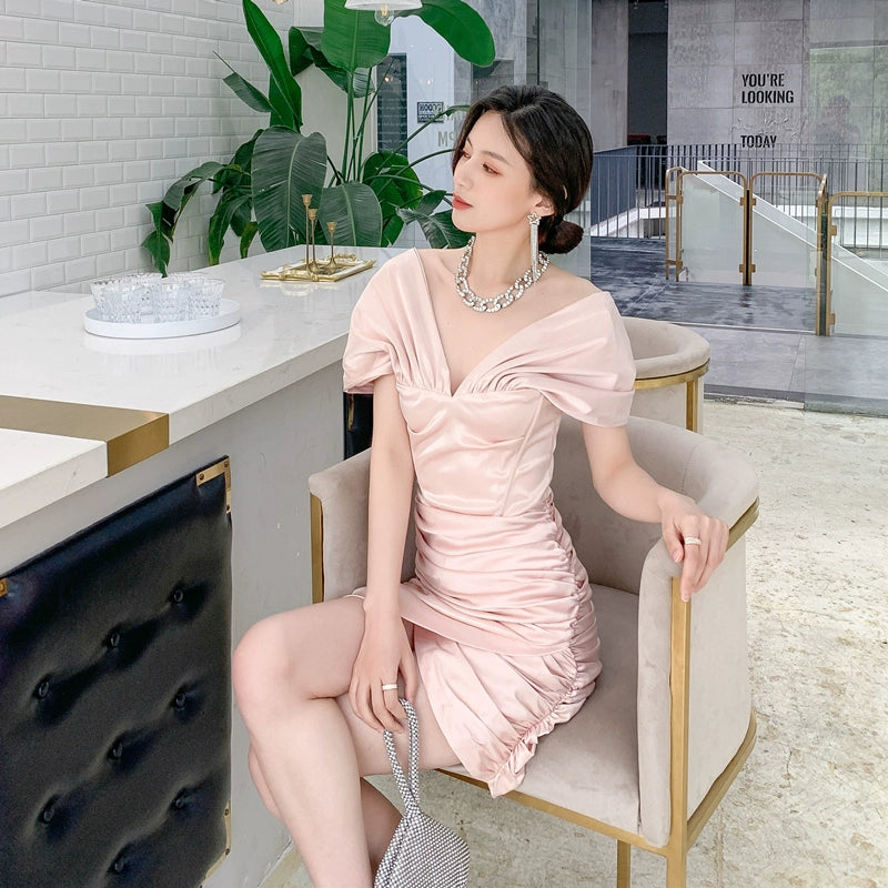 DOLLY Elegant V-Neck Short Sleeve Tube Top Slim Fit Pleated Short Date Dress-LITA