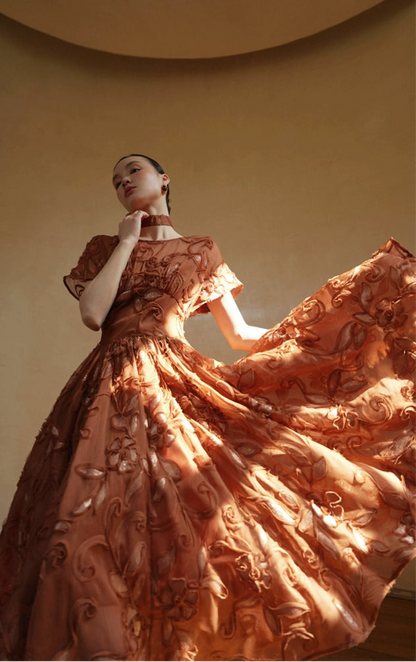 LE VENT&TES AILES Luxury French Disc Embroidered Sequin 3d Vintage brown Dress - LINA