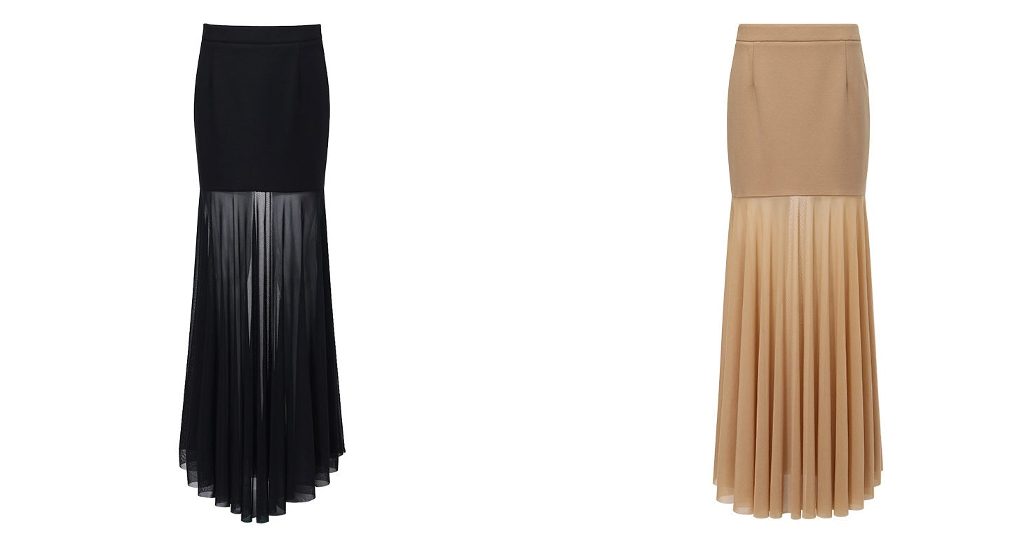WANGXO | Twill Roman Knit with Lightweight Sheer Paneling  A-Line Hem Flowing Skirt  -RAYA