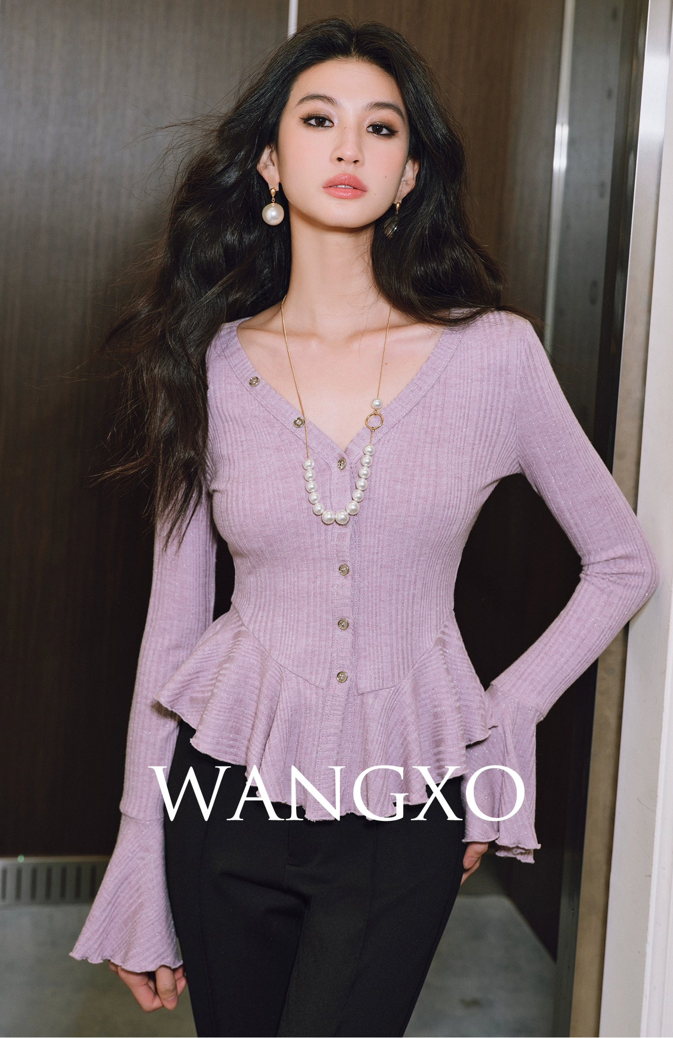 WANGXO | Bright Silk Knit V-Neck Waist Ruffle Top -SÁYA.