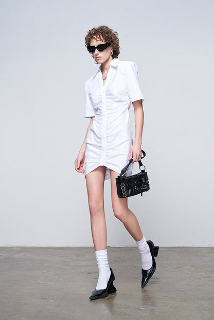 ANNAKIK Black and white pleated waist V-neck dress-FANSIA