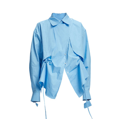 TINY IN  two irregular drawstrings waist cinching blue white shirts-DANTE