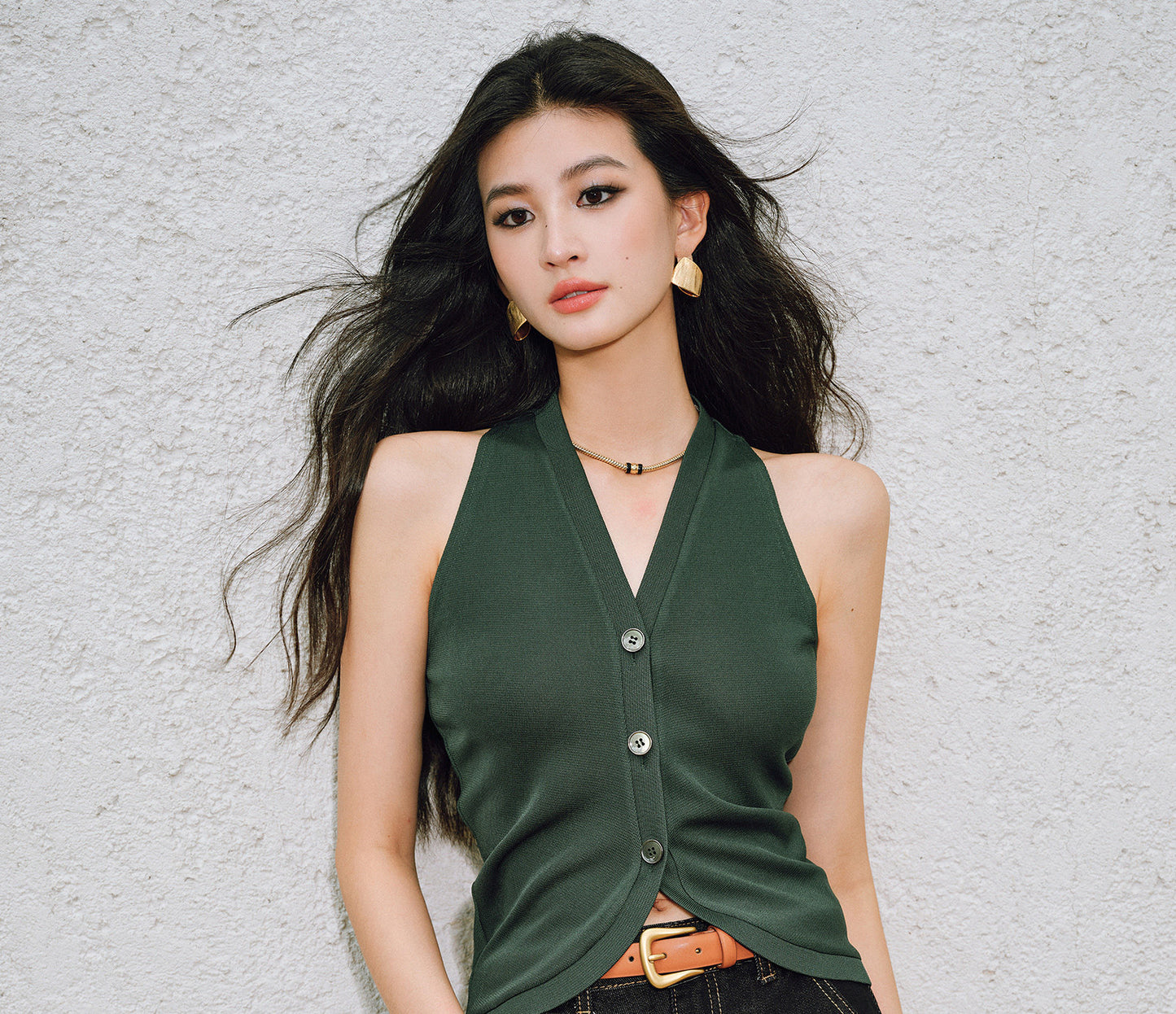 WANGXO |Vertical-Cut Acetate Double-Sided Threaded Halterneck Knitted Top -VELA