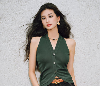 WANGXO |Vertical-Cut Acetate Double-Sided Threaded Halterneck Knitted Top -VELA