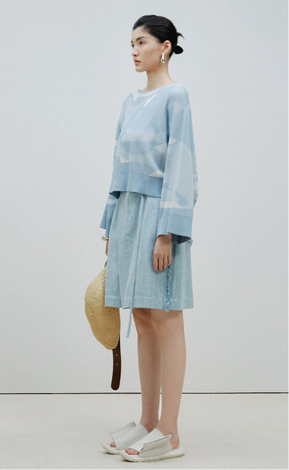 ZHUCHONGYUN blue raw edge loose denim belted shorts - KURT.