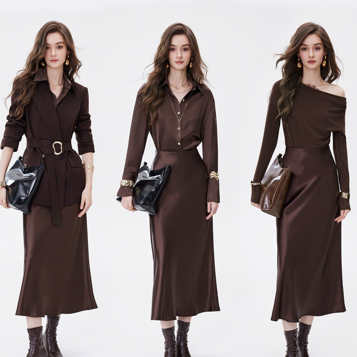 AUI Maillard coffee color high-end satin temperament high-waisted hip skirt - Gyeong.