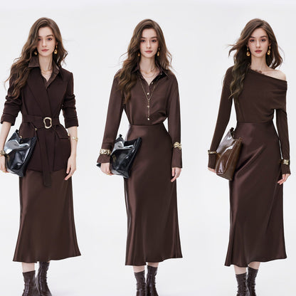 AUI Maillard coffee color high-end satin temperament high-waisted hip skirt - Gyeong.