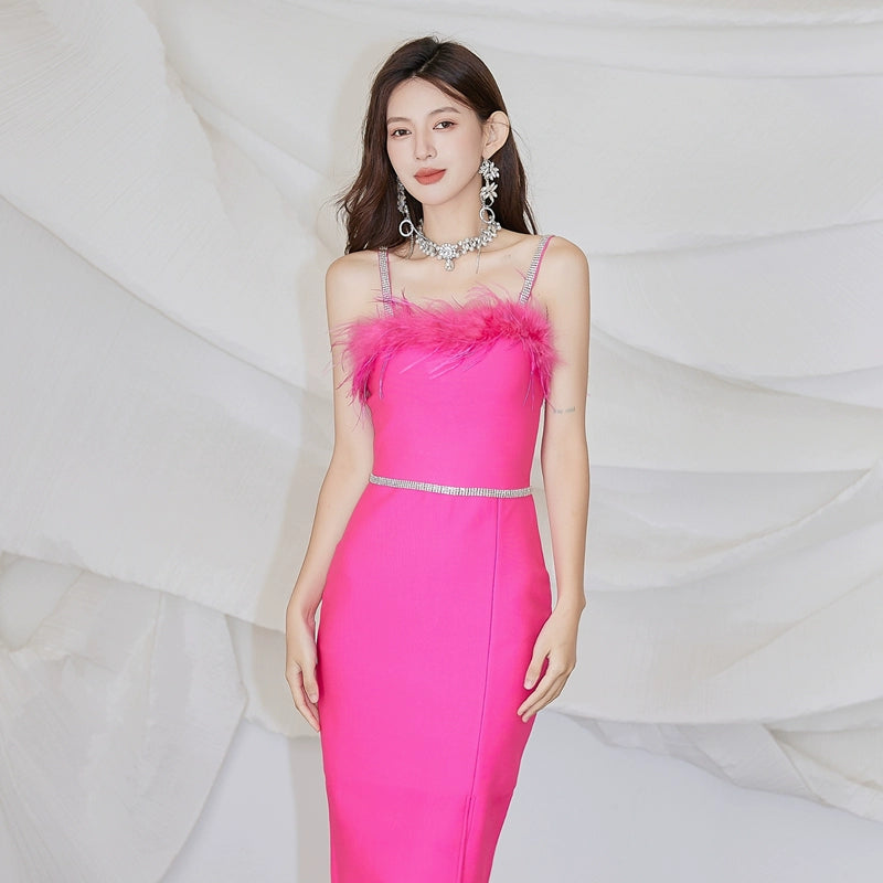 DOLLY Elegant Sleeveless Feather Tube Top Hip Wrap Dinner Dress-KALE