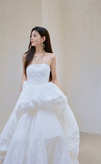 DOLLY Elegant White Tube Top Long Puffy High Waist Wedding Dress-GRACE  (V)