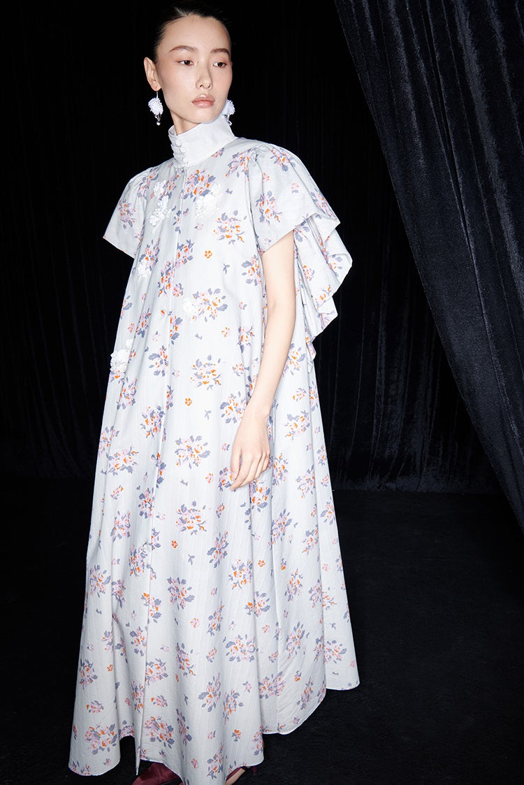 M essential Mackay designer Jinghe Printing floral nail bead puff sleeve dress - HAPPY.