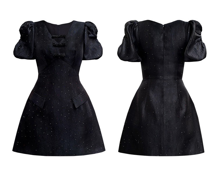 CHECOCRE Stubble design V-neck fashion high-waisted puff sleeve hot diamond craft dress -BOW.