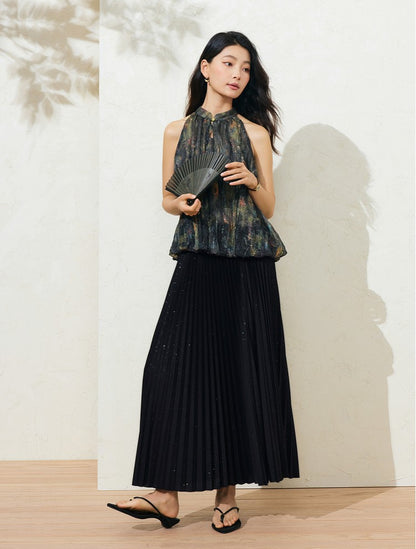 SUSHE Light Chinese smudge halter neck off-the-shoulder chiffon top -TESS