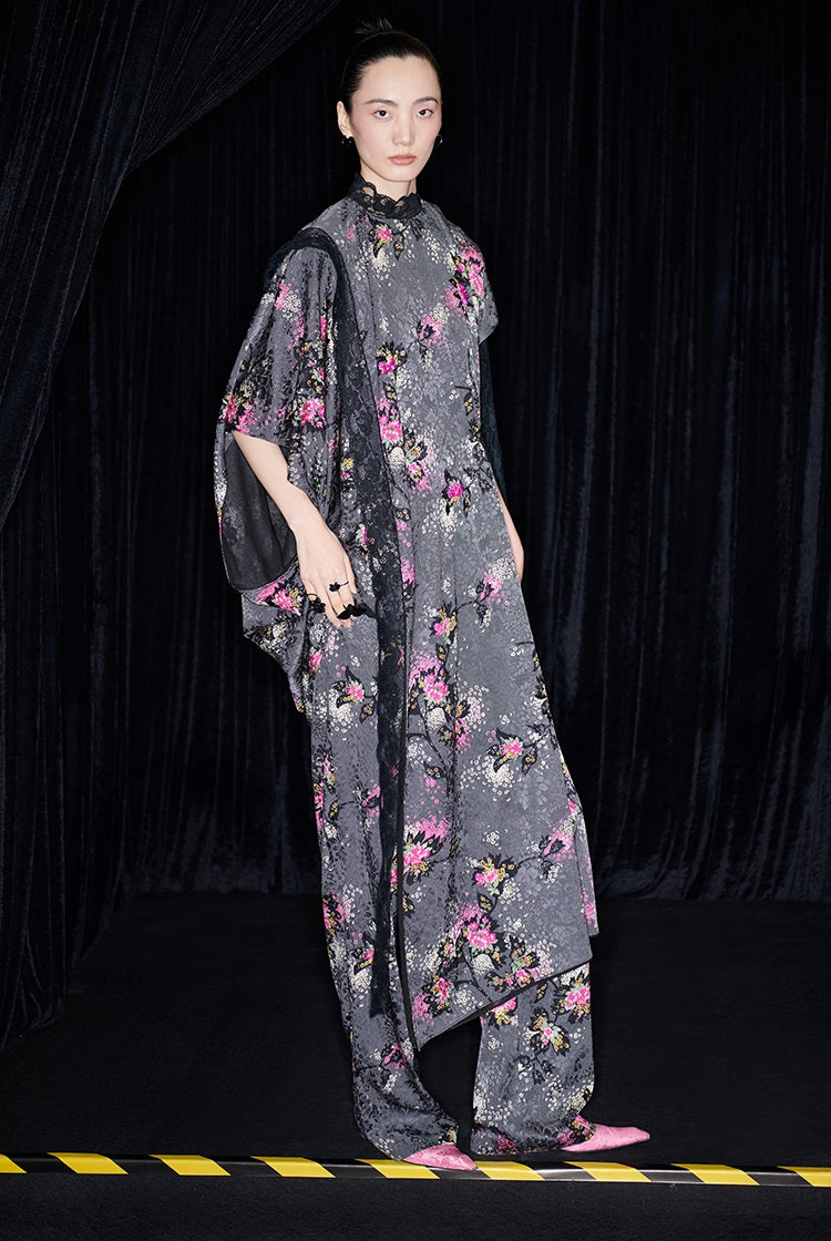 M essential Mackay designer cherry blossom print beaded asymmetrical dress - WORDS.