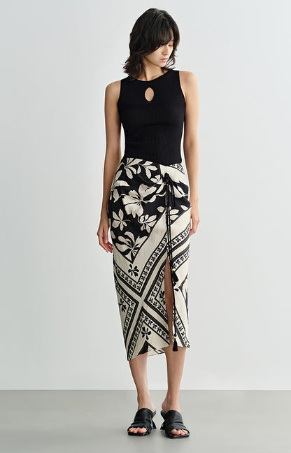 COMME MOI  black and white printed slit hip skirt - JENIFER.