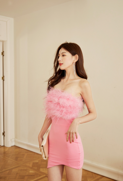 DOLLY Elegant Off Shoulder Fluffy Feather Tube High Waist Slim Fit Short Dress-FRANCES