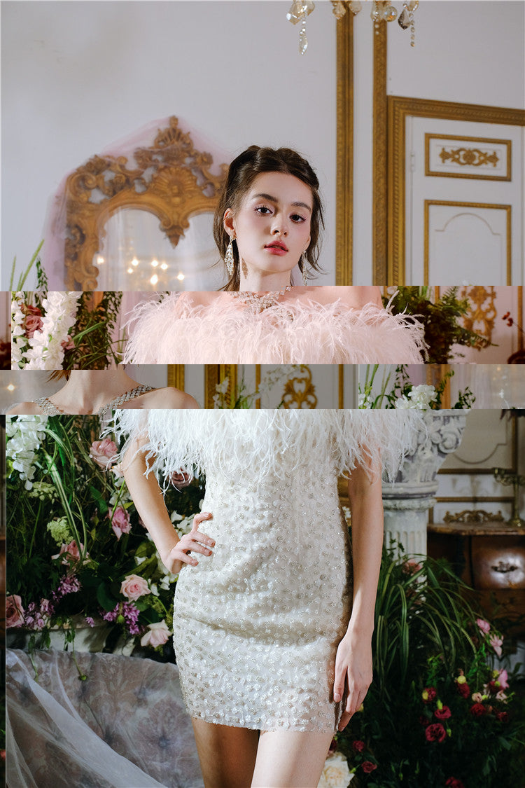 Wardrobes by Chen Luxury Off White Off Shoulder Feather Short Mini Party Dress-Genny