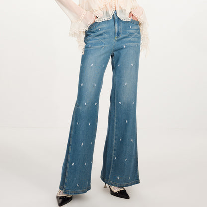 FAME Contrasting Beaded Flower Embroidered Denim Flared Pants - BILLIE.