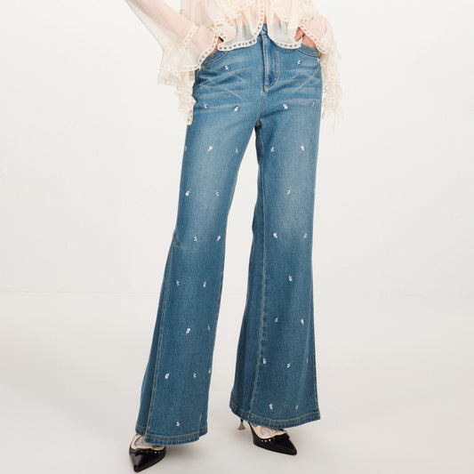 FAME Contrasting Beaded Flower Embroidered Denim Flared Pants - BILLIE.