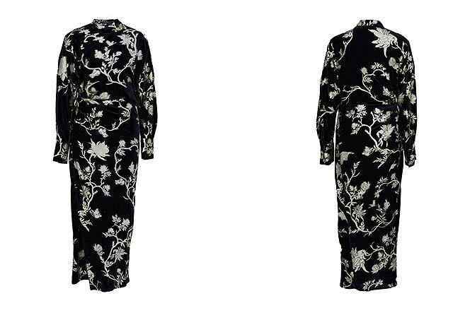 ZHUCHONGYUN bronzing velvet slit long sleeve floral dress-SHOUYA.