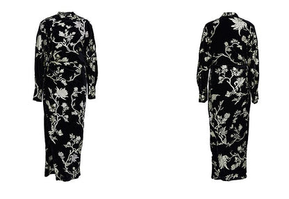 ZHUCHONGYUN bronzing velvet slit long sleeve floral dress-SHOUYA.