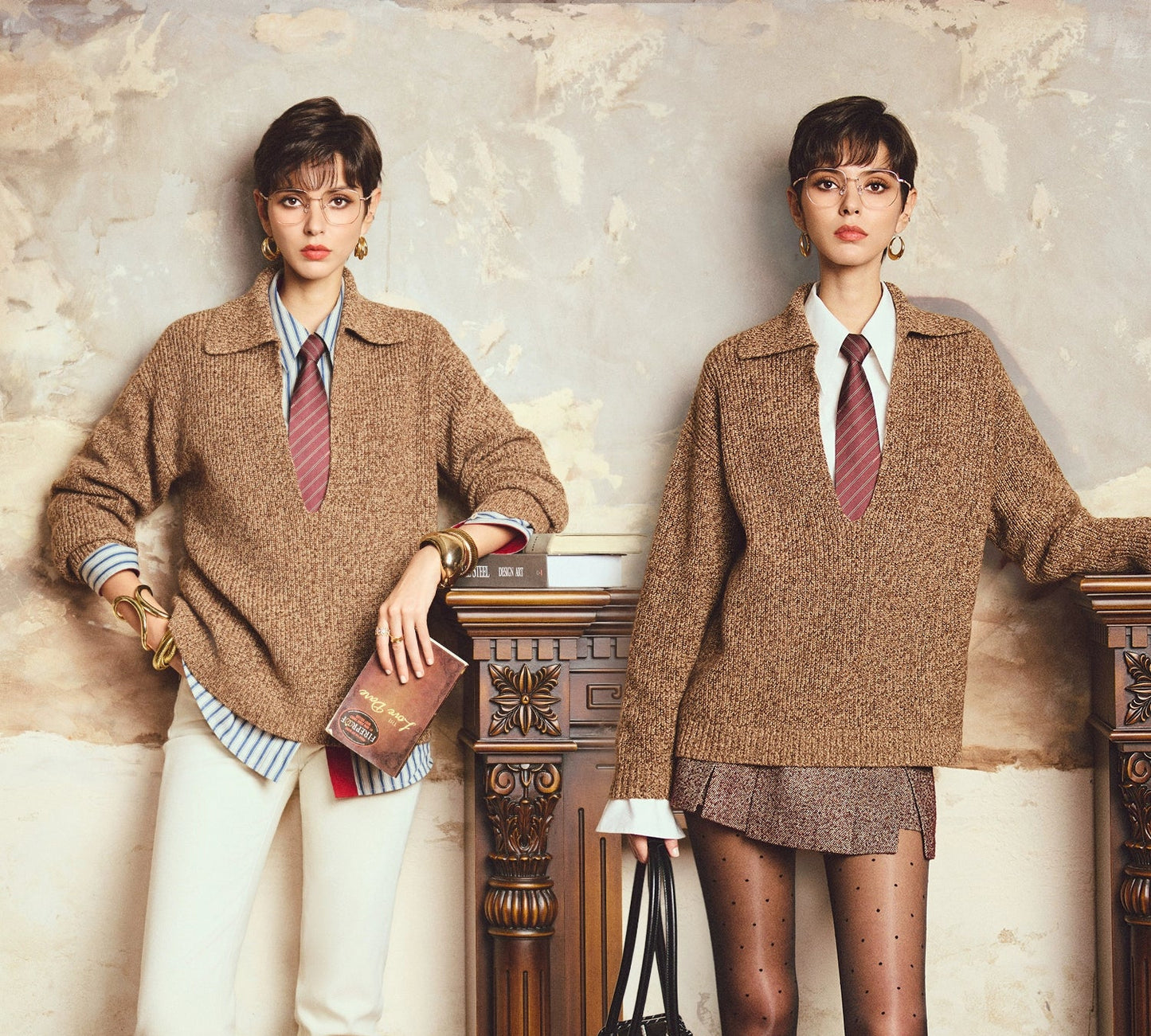 ANNASPEAK deep V loose knit sweater-CHERRY.
