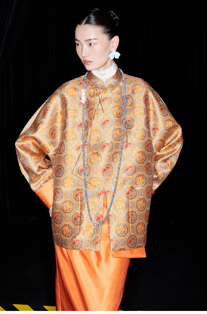 M essential Mackay designer halo stand-up collar jacket orange skirt suit  - Guaida.
