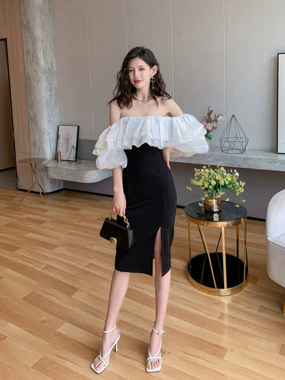 DOLLY Elegant Black and White Satin Off Shoulder Ruffled Tube Top Slim Fit Dress-MAG