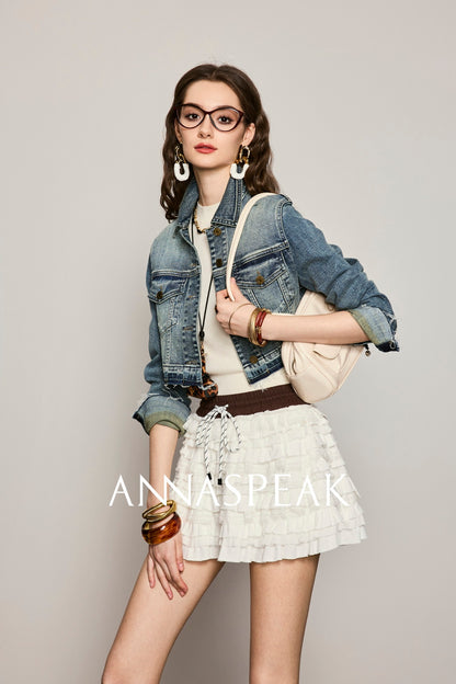 ANNASPEAK Denim  Wash Short Small Long  Denim Jacket-AYO.