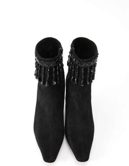 B-FEI black tassel rhinestone chain booties  block heel ankle boot - Xuu
