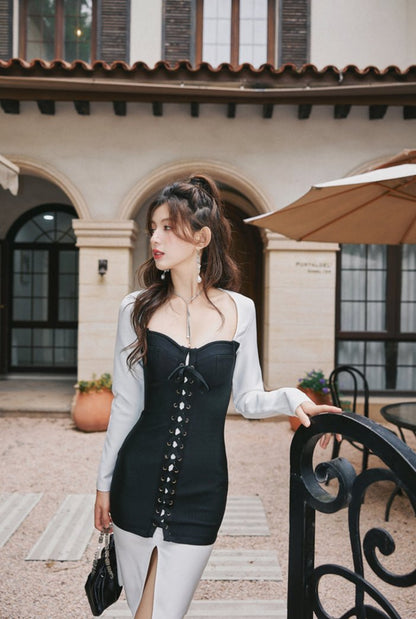 DOLLY Elegant Black and White Square Collar Long Sleeves Slim Fit Dinner Dress-MISA