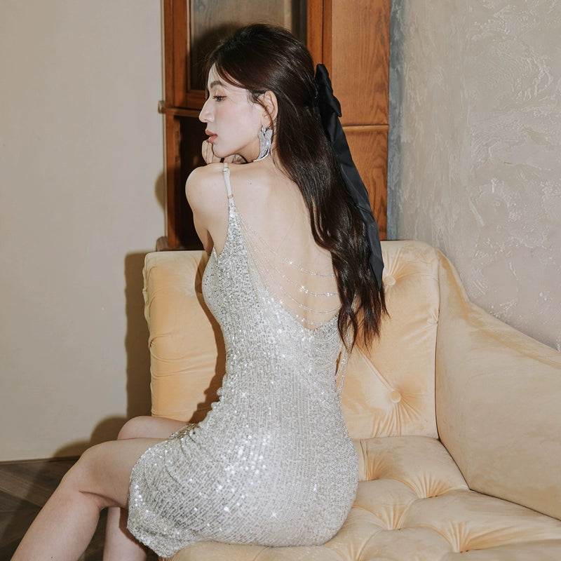 DOLLY Elegant Deep V-Neck Sleeveless Sequin Long Slim Fit Evening Dress-IVONNE