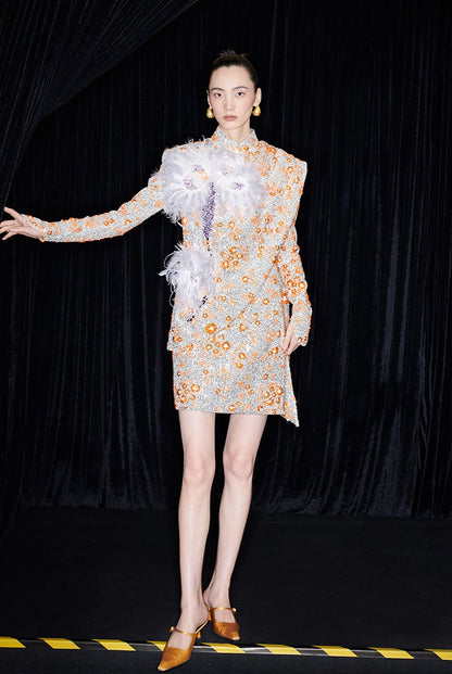 M essential Mackay designer vermilion embroidery iris ostrich feather bead dress - GINA.