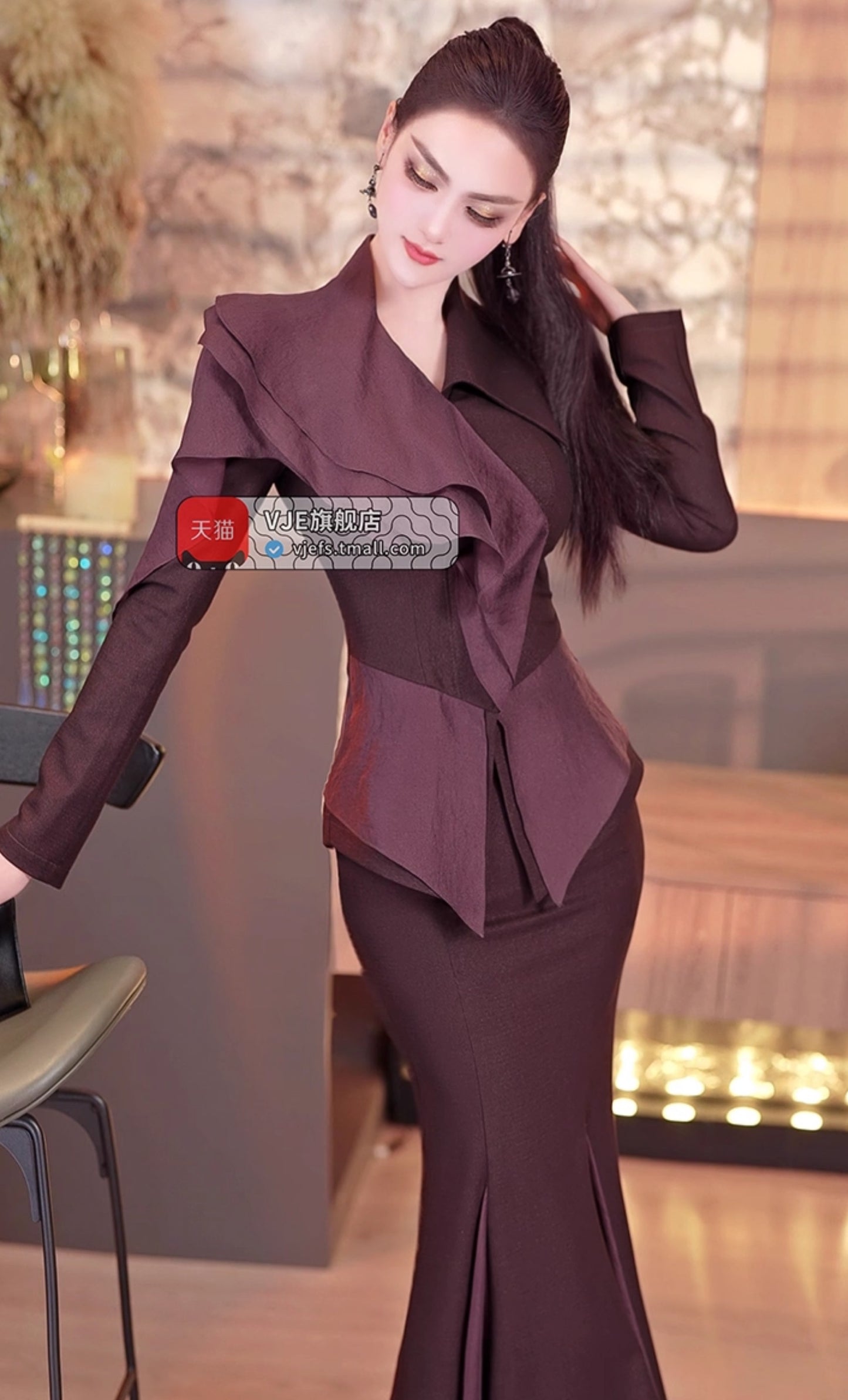 VJE  slim ruffled jacket mermaid skirt two-piece suit set- JOKY.