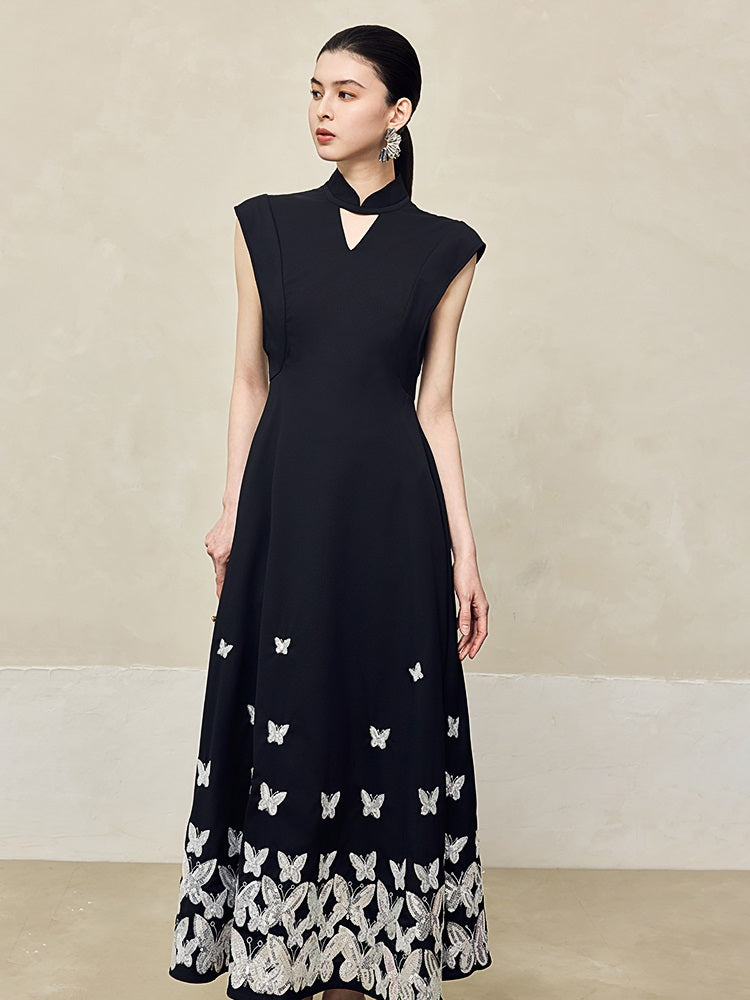 HECO Jacquard Acetate Hollow Stand Collar Thin A-line  Black White Dress Women - WEIGHT.