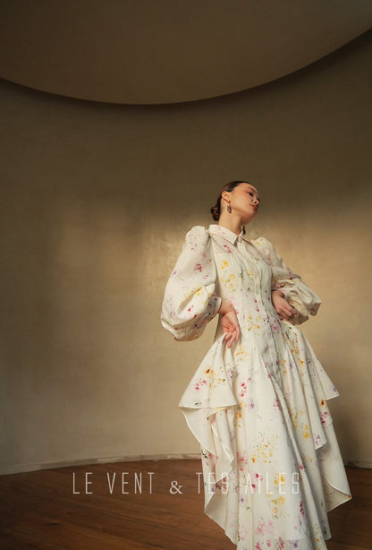 LE VENT&TES AILES Luxury summer vacation floral print Fancy Midi Dress-ZOE