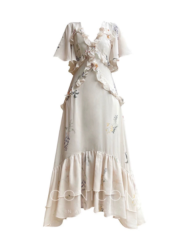 Aconiconi Luxury French Floral Print Slim Fit Hip Hug Dinner Dress- Primrose Whisper