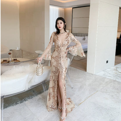 DOLLY Elegant V-Neck Long Sleeve Sequin Hip Flared Fish Tail Banquet Dress-MAY