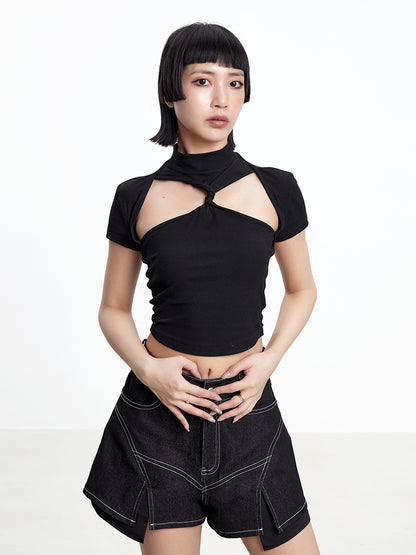 TINY IN black twisted cut-out women's summer cropped top-SIA