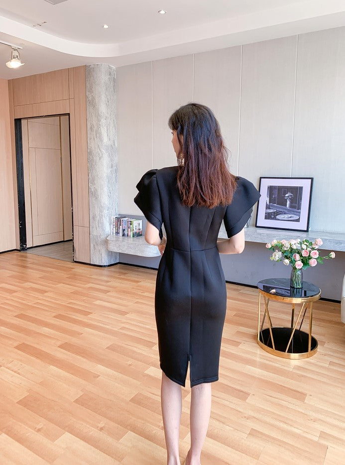 DOLLY Elegant French Style Black Stand Collar Short Sleeve Office Dress-MAMA