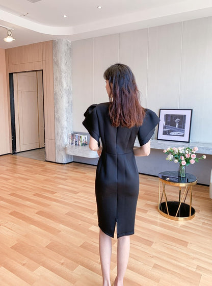 DOLLY Elegant French Style Black Stand Collar Short Sleeve Office Dress-MAMA