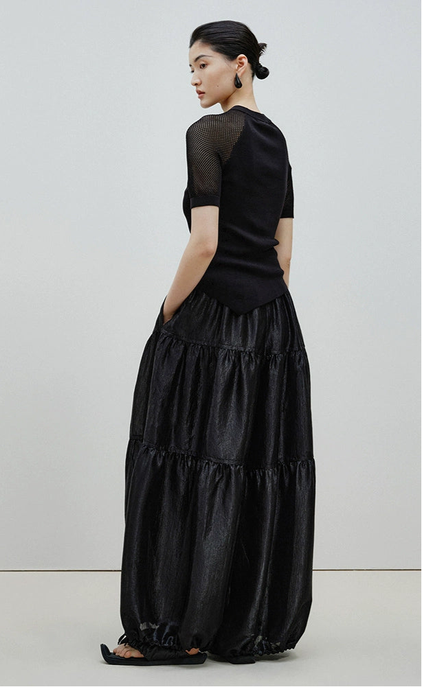 ZHUCHONGYUN black glossy tiered drawstring-cinched loose pants-KURISE.