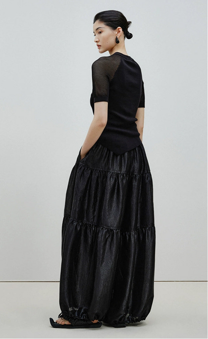 ZHUCHONGYUN black glossy tiered drawstring-cinched loose pants-KURISE.