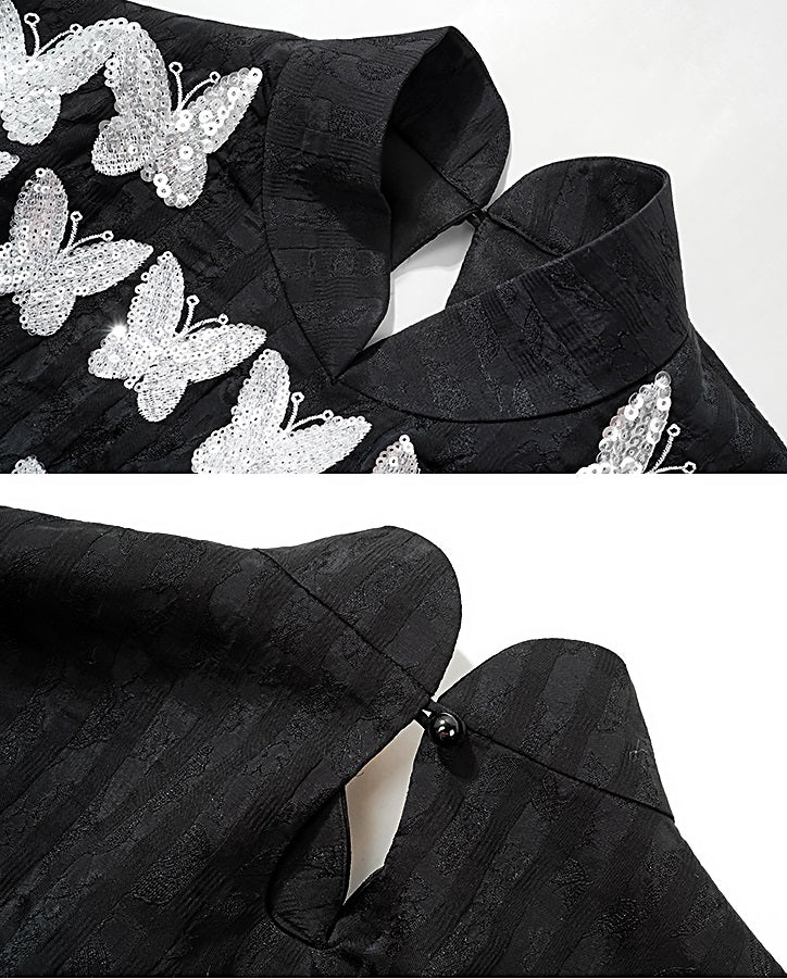 HECO Butterfly Beads Embroidered Stand-Up Collar black white T-Shirt - WORDS.