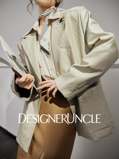 DGU "Light Twilight" Beige Gray Haining Genuine Leather Jacket - Billie.