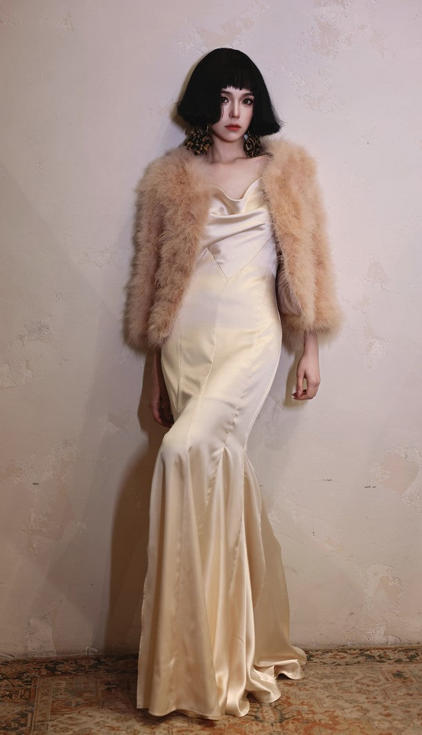 DOLLY Luxury White Stain Retro Sleeveless Long Fishtail Cocktail Dress-BETA