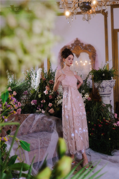 Wardrobes by Chen Luxury Fog Pink Round Neck Sleeveless Chiffon Dinner Dress-Nini